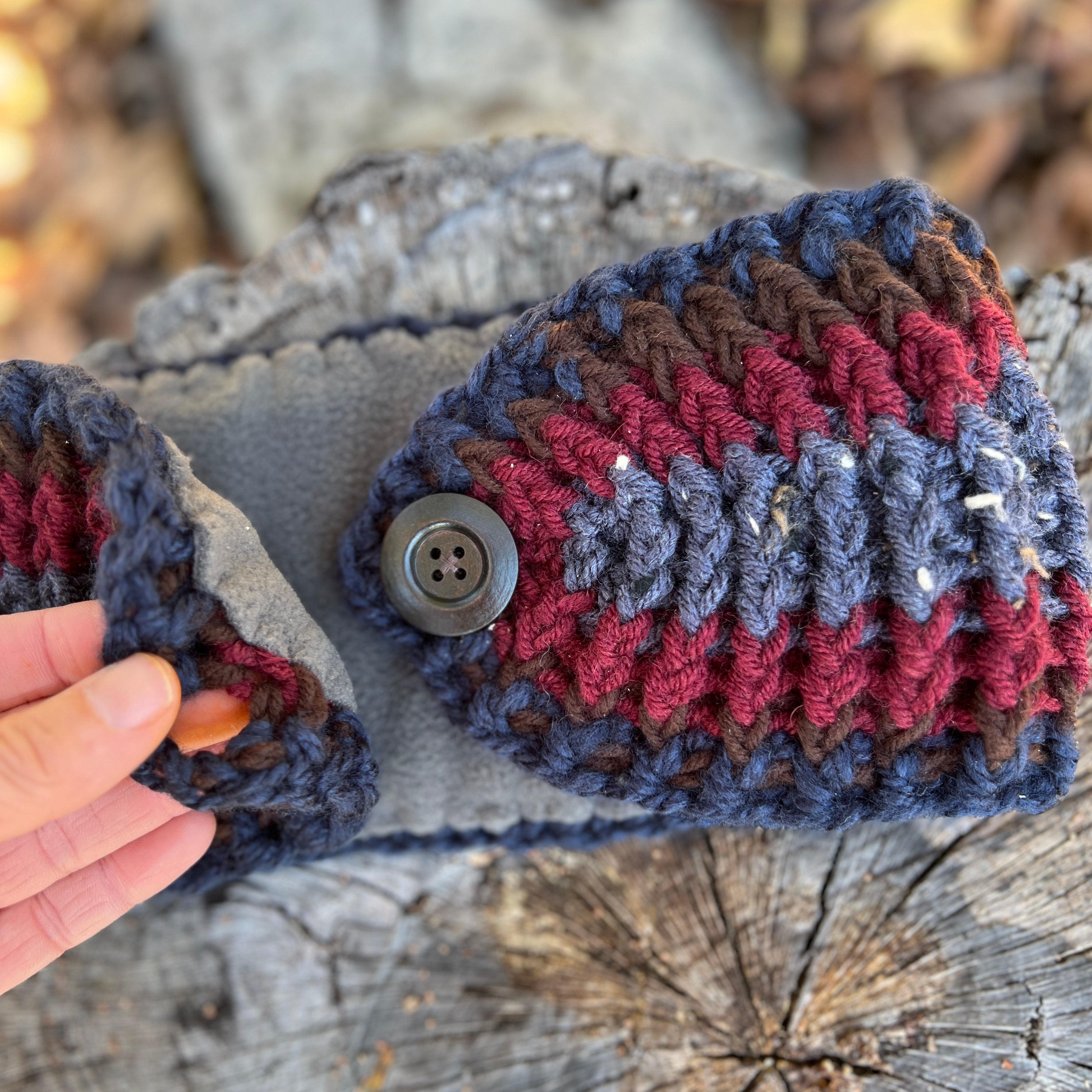 ear warmer winter headband in blue, brown and red stripes