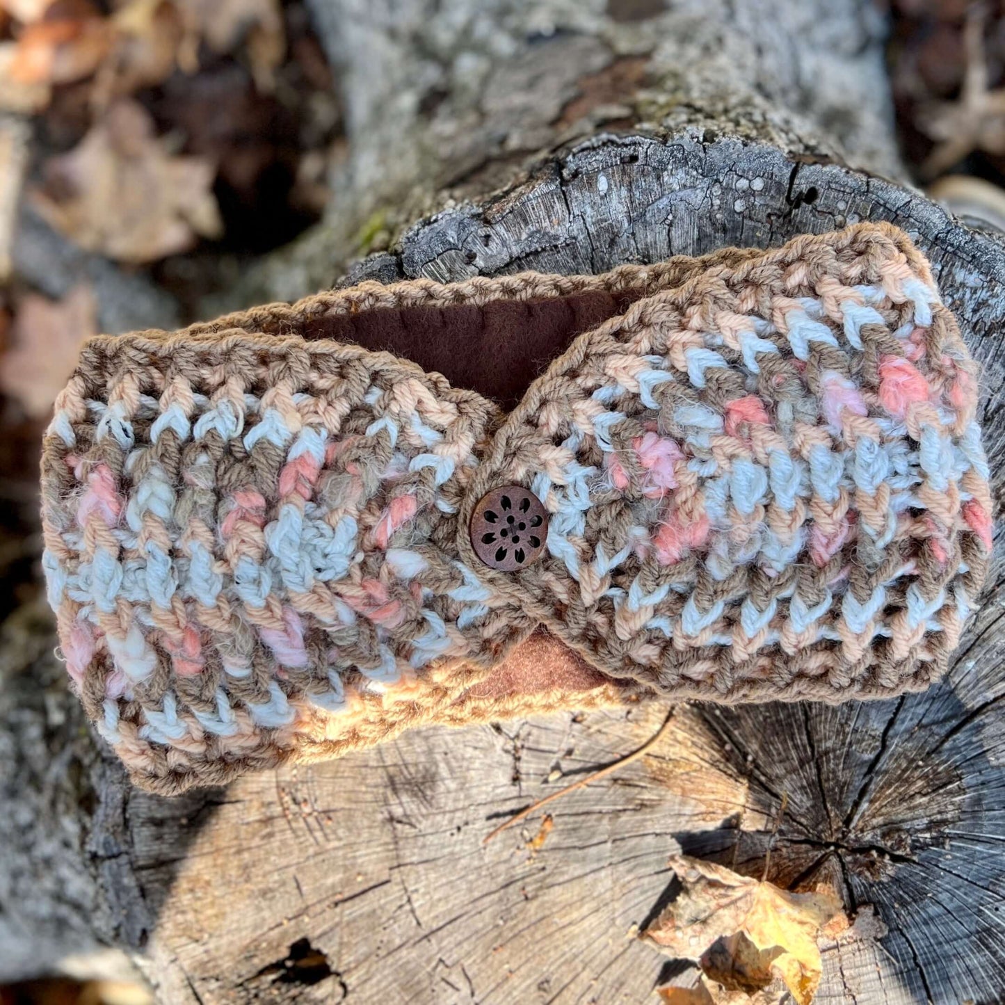 ear warmer winter headband in pink and brown stripes