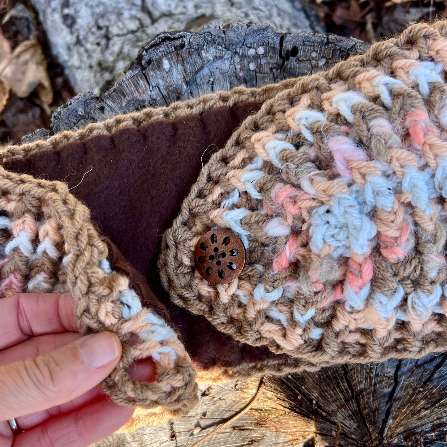 ear warmer winter headband in pink and brown stripes