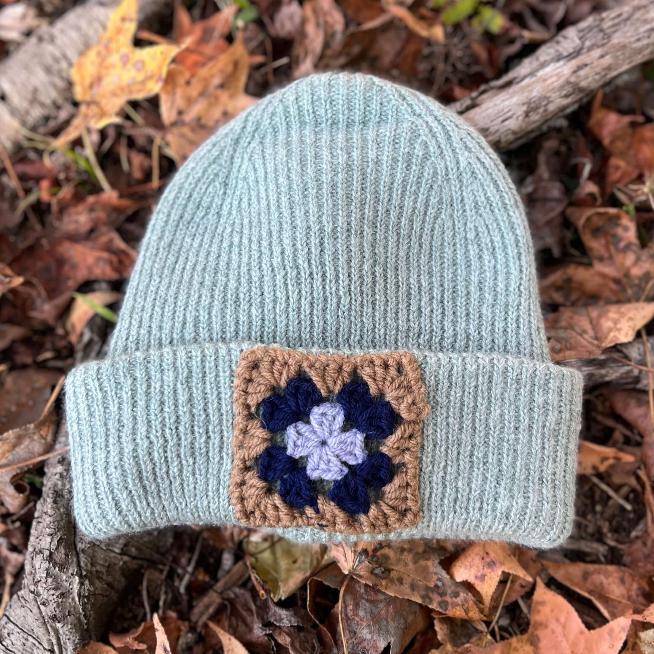 embellished knit beanie green with crocheted square