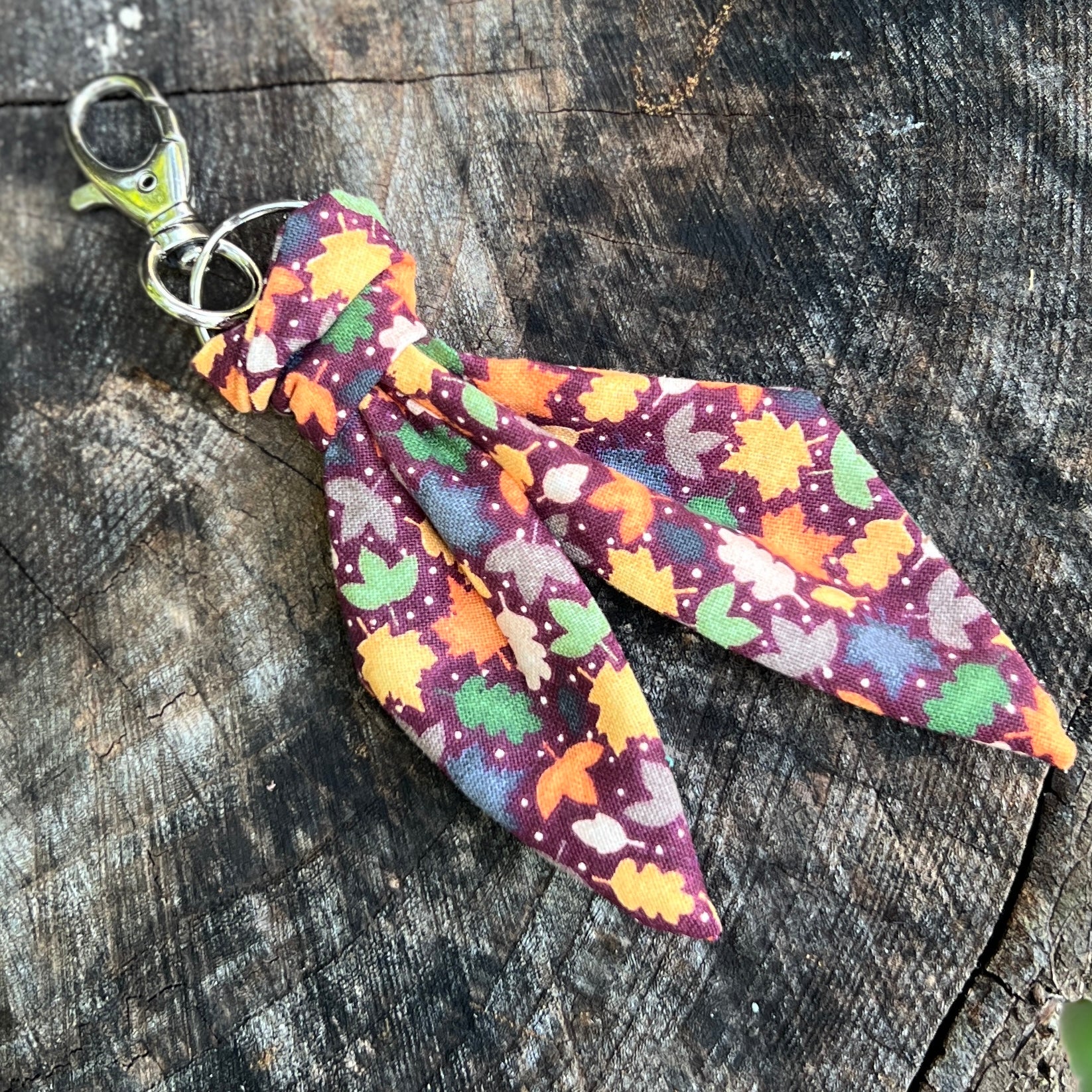fall leaf print mini scarf keychain on wood surface