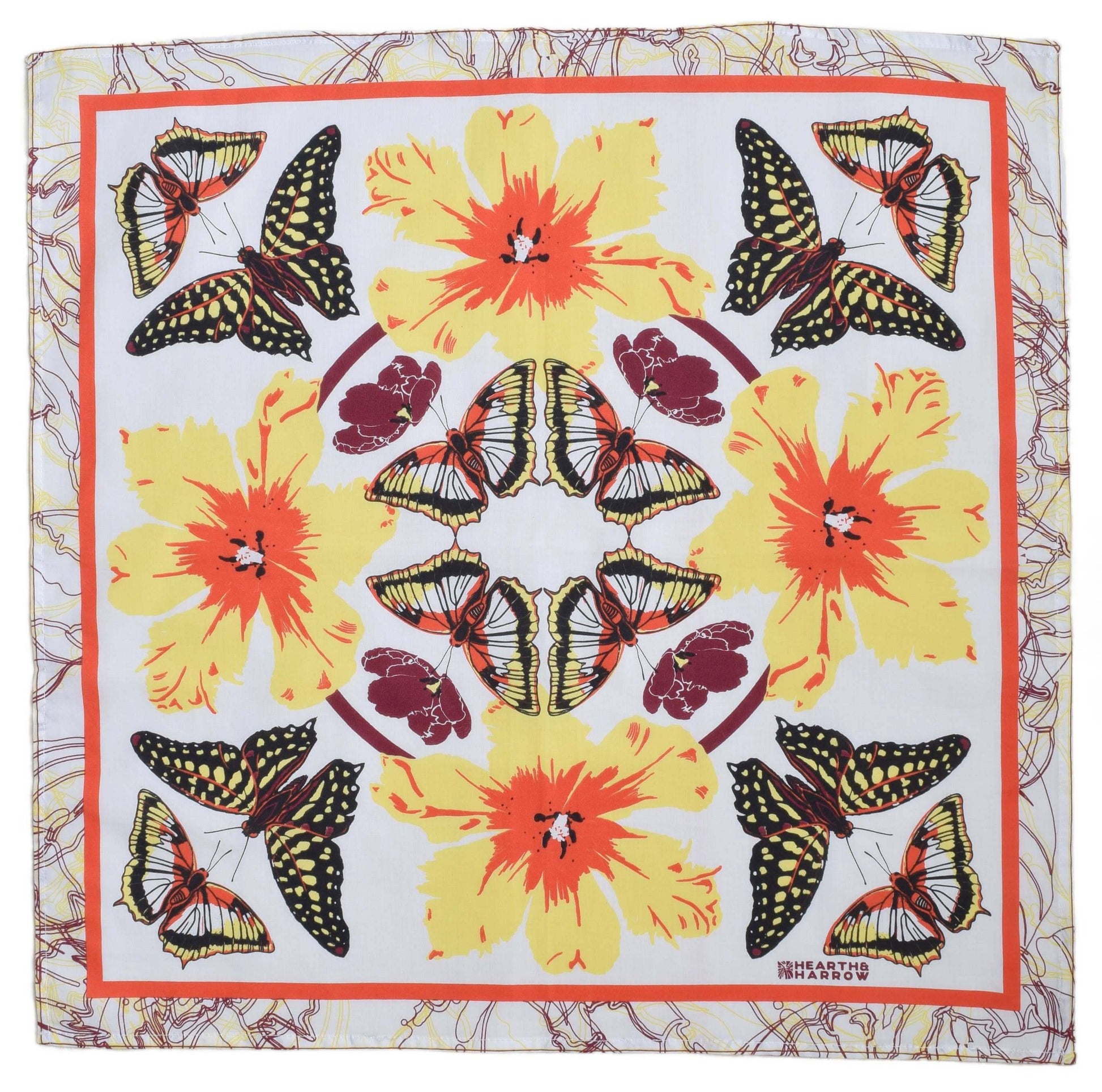 Scarf with butterfly and floral pattern on a white background