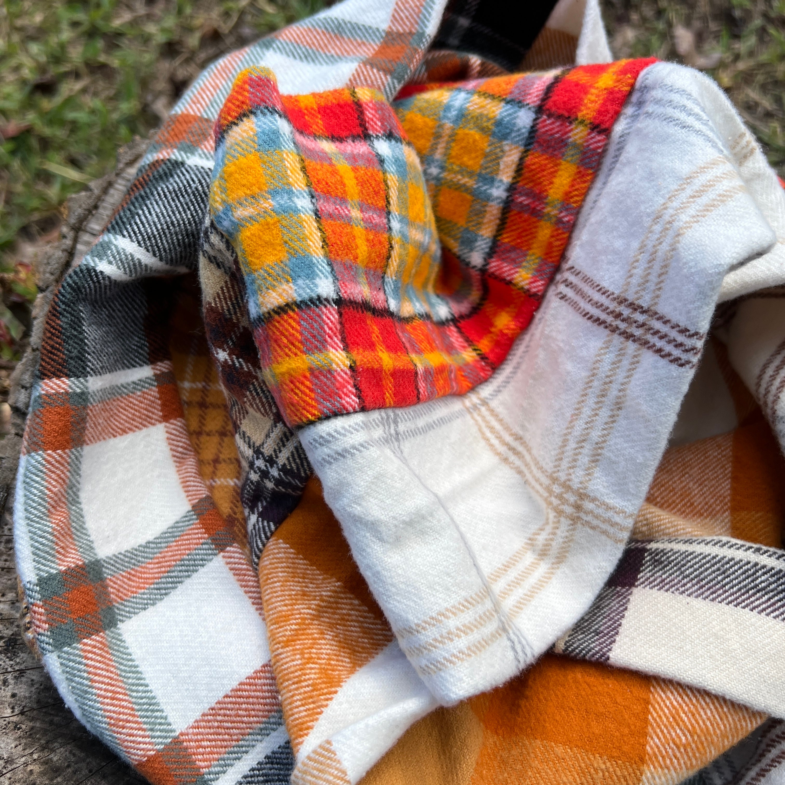 patchwork infinity scarf in orange and brown plaid