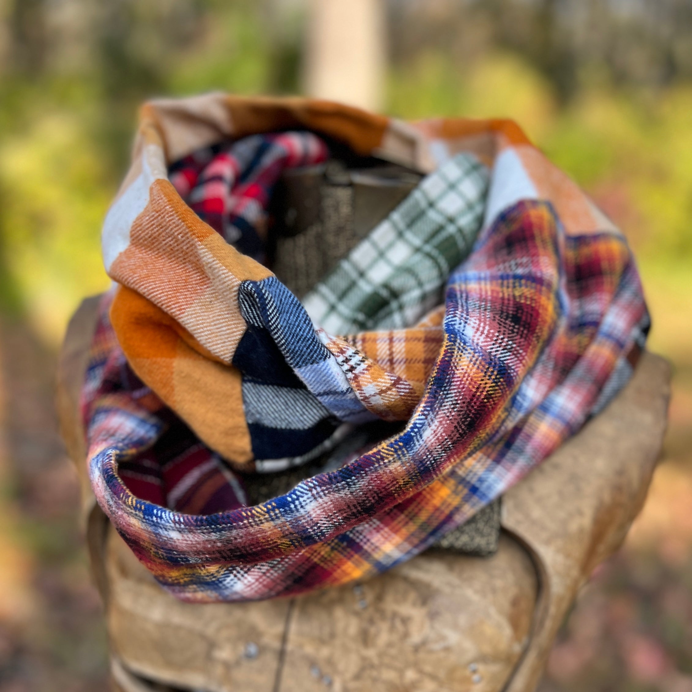 flannel patchwork infinity scarf in fall plaids