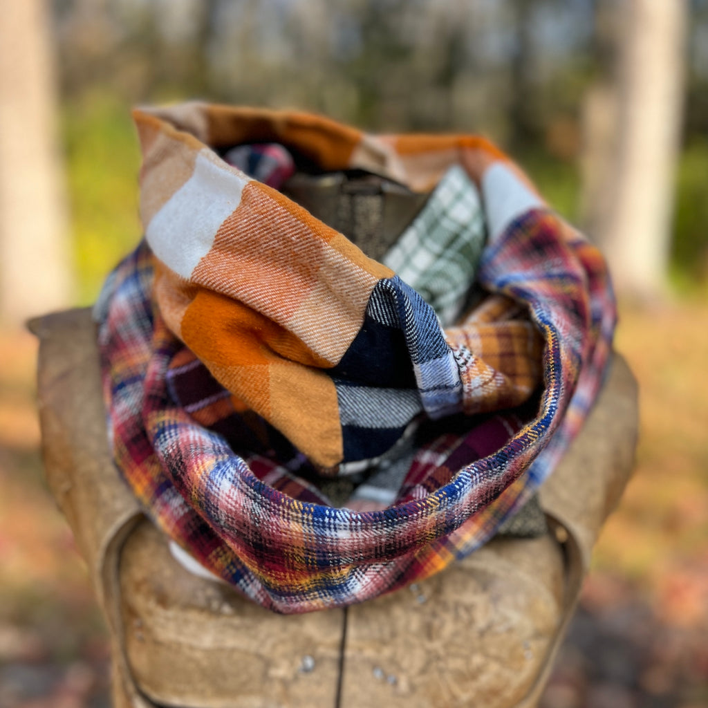 flannel patchwork infinity scarf in fall plaids