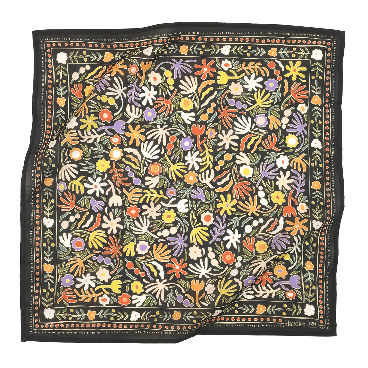 Colorful floral patterned fabric with a black border on a white background