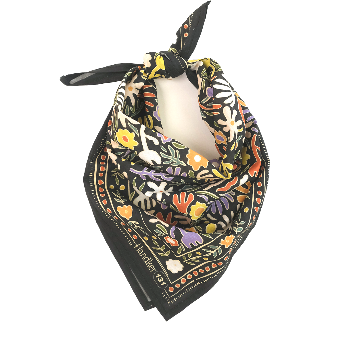 Colorful floral patterned scarf with brand name on a white background