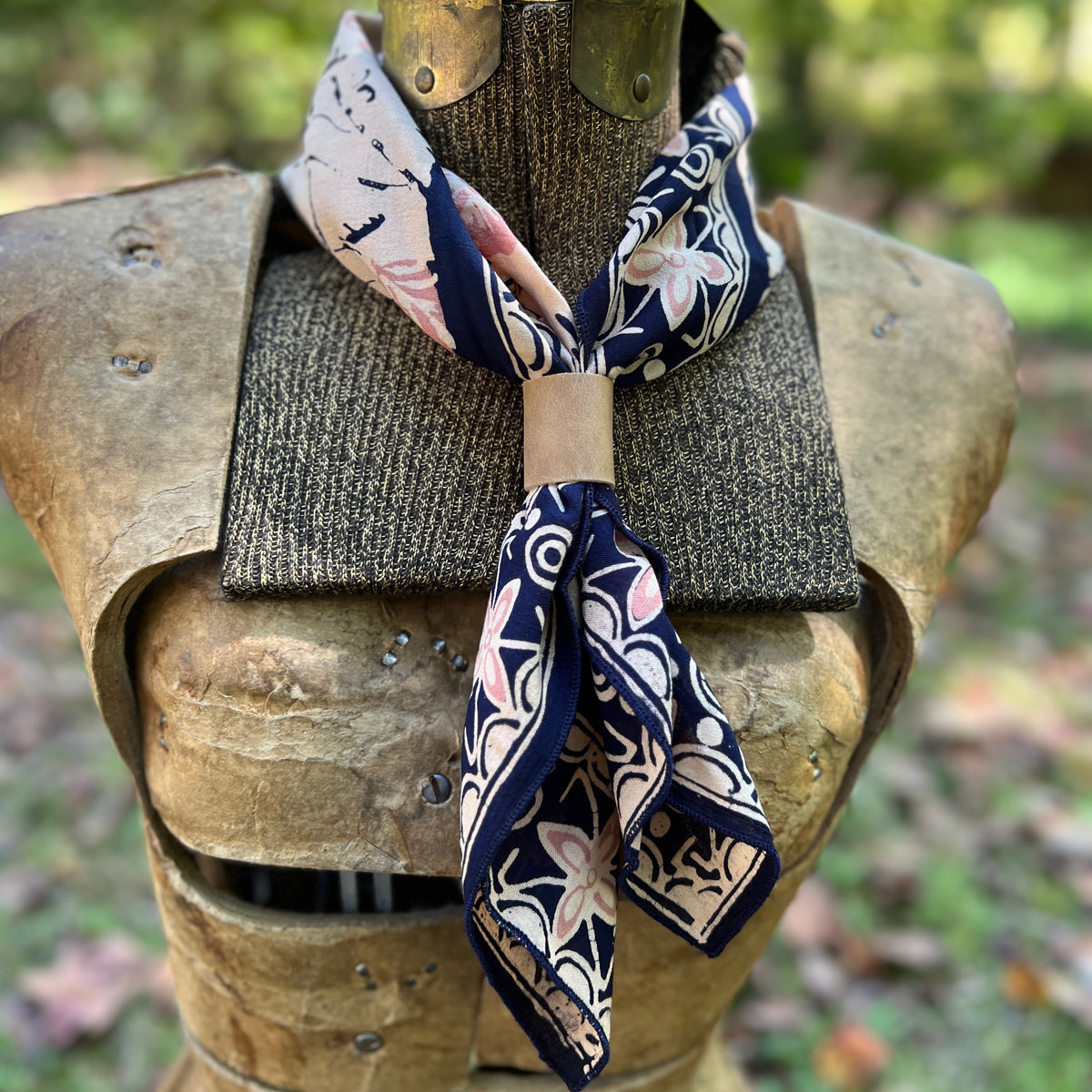 floral batik bandana in navy and brown with leather slide