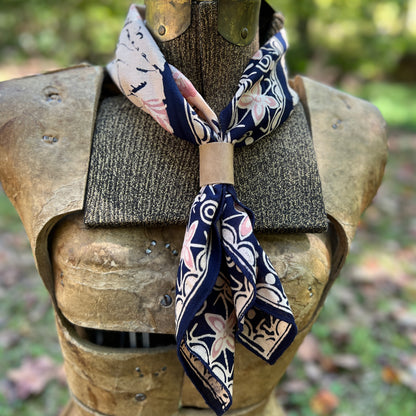 floral batik bandana in navy and brown with leather slide