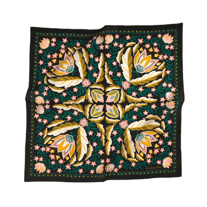 Decorative scarf with floral pattern on a black background