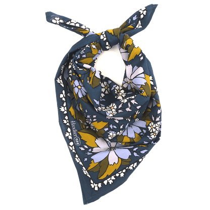 Floral patterned headscarf on a black background