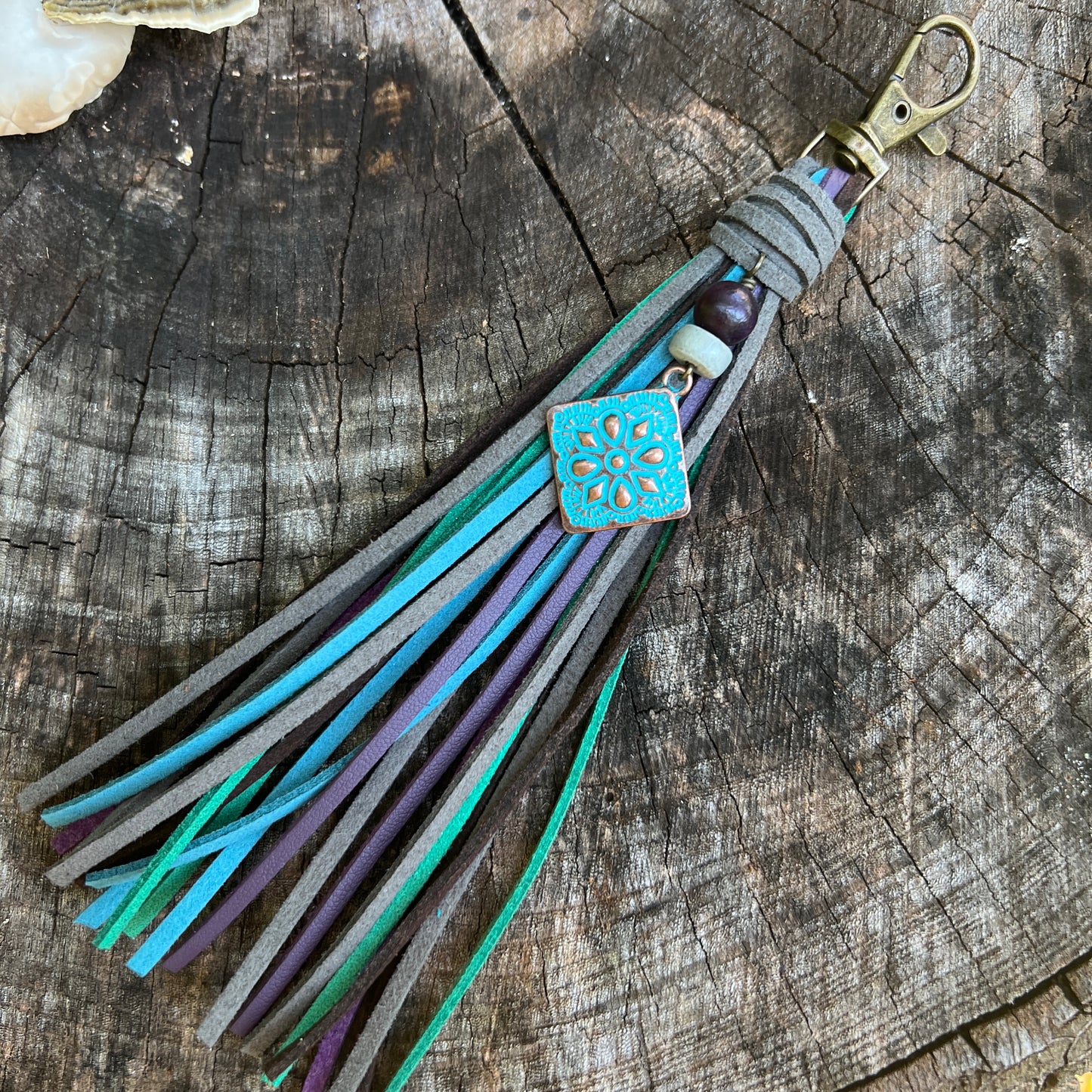 gray, purple, green, blue and brown tassel bag charm
