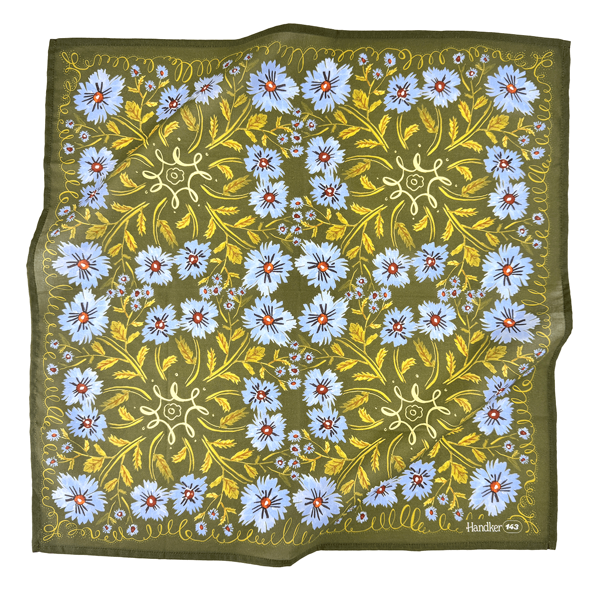 Floral patterned fabric with blue flowers and green leaves on a white background