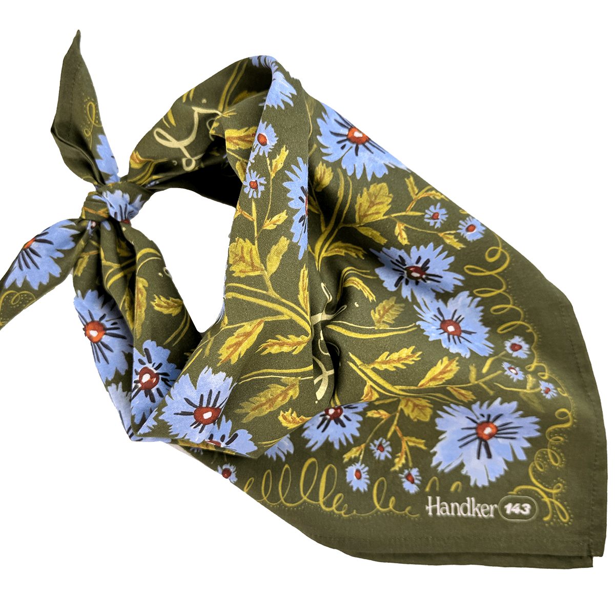Floral patterned handkerchief with visible branding on a white background