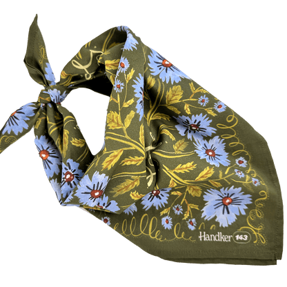 Floral patterned handkerchief with visible branding on a white background