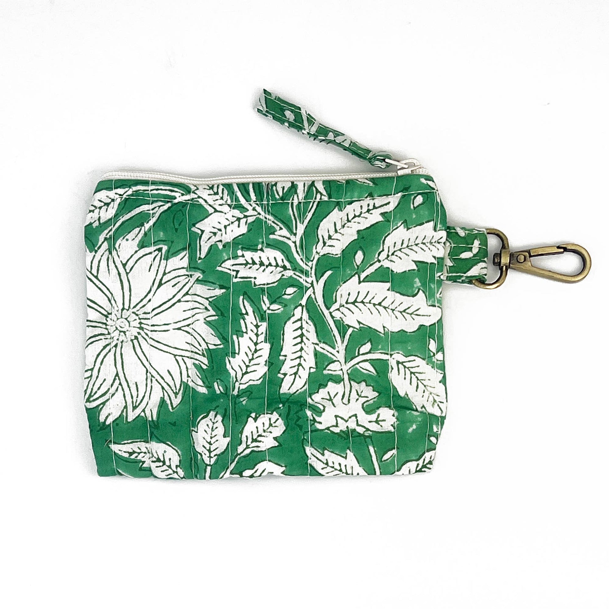 Green pouch with white floral pattern on a white background