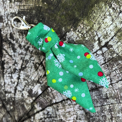 green mini scarf keychain with polka dots and snowflake print