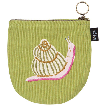 Green pouch with embroidered snail design on a white background