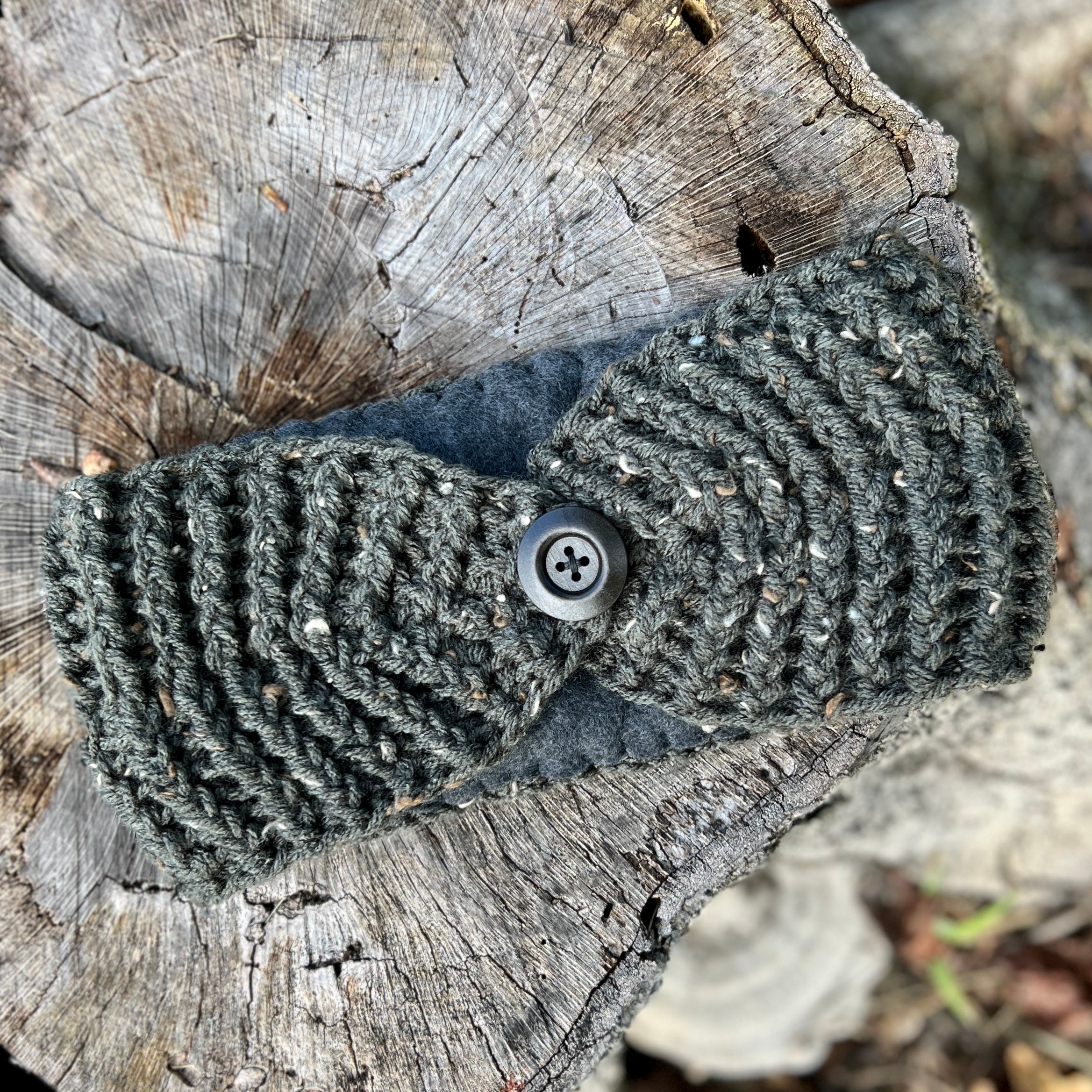 knit winter headband in green tweed with fleece lining