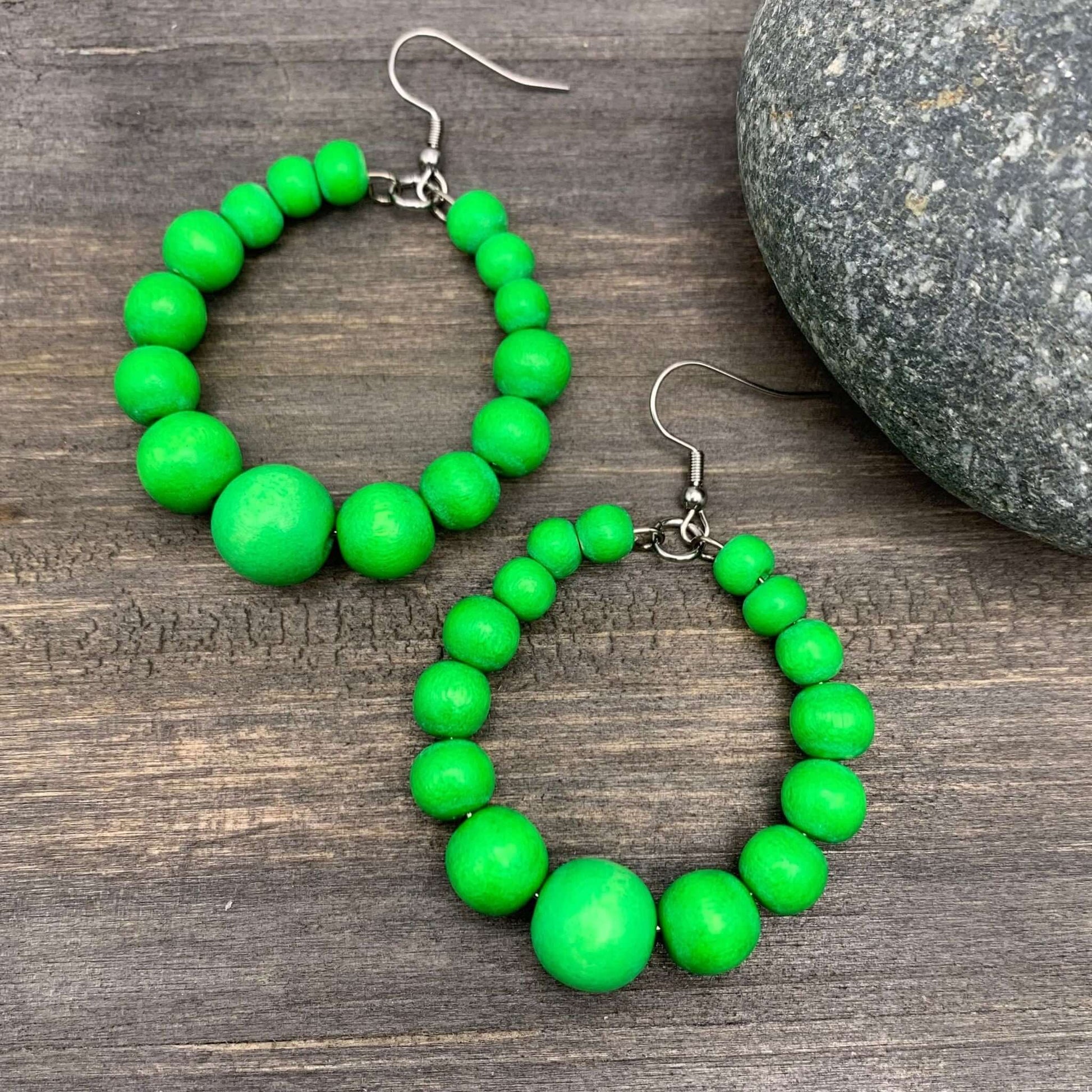 bright kelly green wood bead hoop earrings