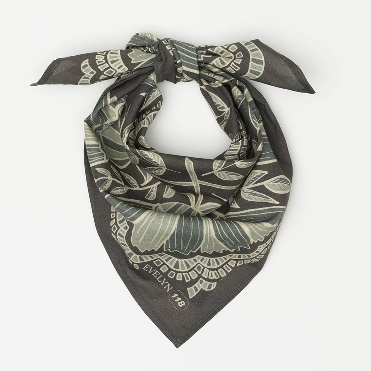 Floral patterned bandana with 'Evelyn' branding on a white background