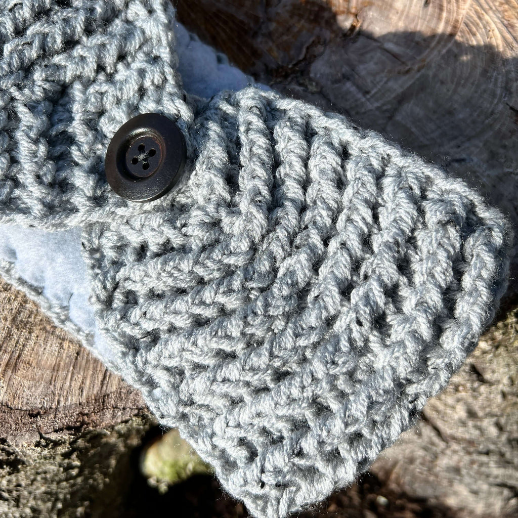 Winter Headband with Fleece Lining and Working Button - Grey Tweed