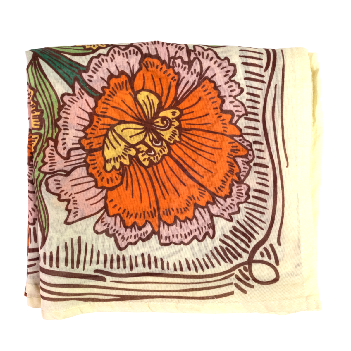 A square scarf featuring a vintage-style floral print with a prominent orange flower, pink and yellow petals, and brown linework on a cream background.