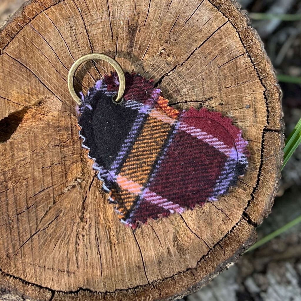 heart bag charm in purple plaid flannel