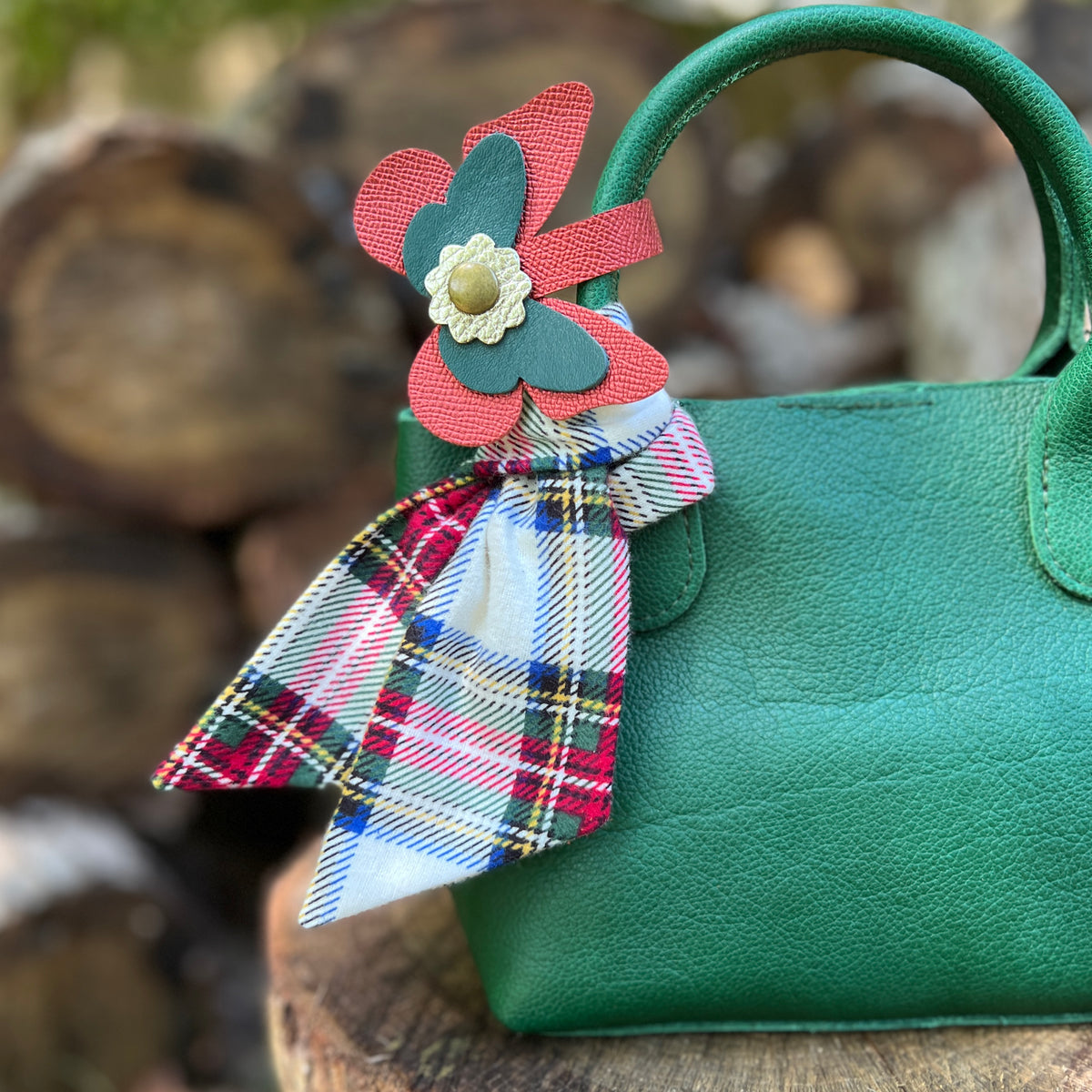 holiday purse scarf with red butterfly on green hand bag