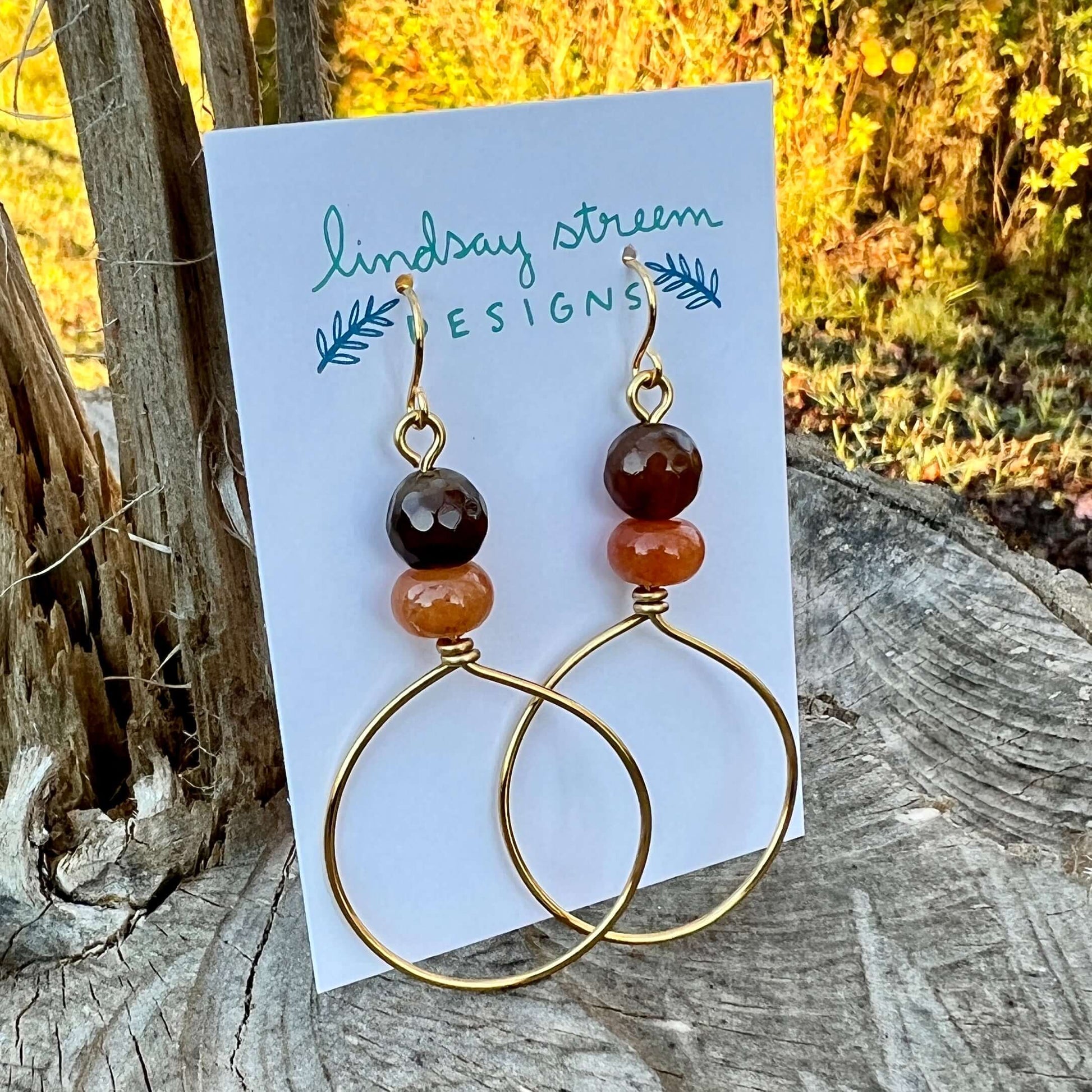 Festival Hoop Earrings - Golden with Agate and Red Aventurine