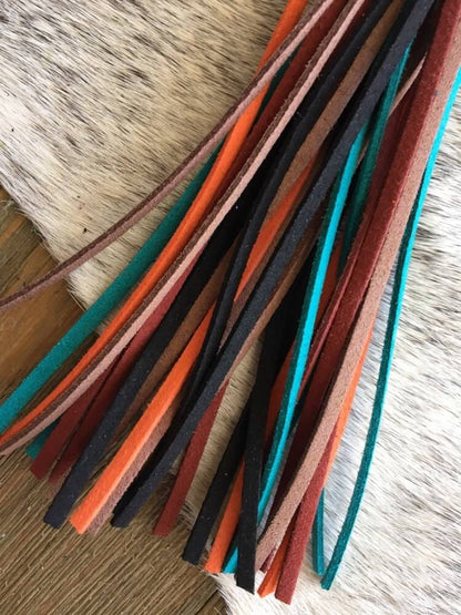 Southwestern Boho Tassel Bag Charm in Deep Turquoise, Orange, Red, Brown and Black + Feather Charm