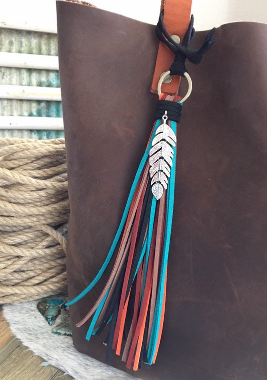 Southwestern Boho Tassel Bag Charm in Deep Turquoise, Orange, Red, Brown and Black + Feather Charm
