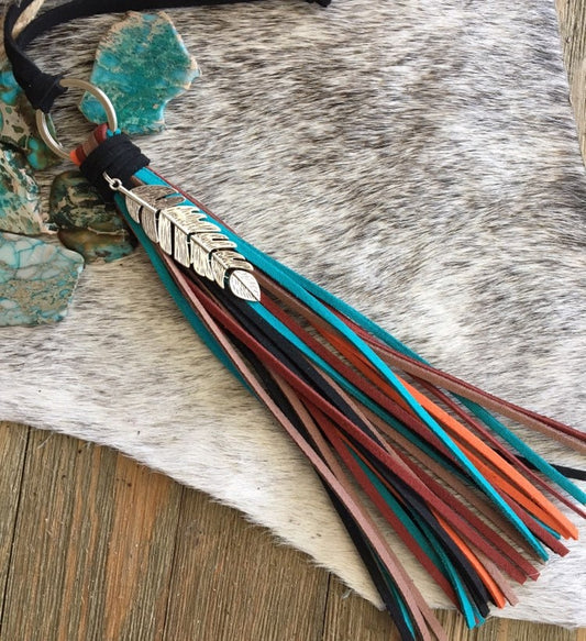 Southwestern Boho Tassel Bag Charm in Deep Turquoise, Orange, Red, Brown and Black + Feather Charm