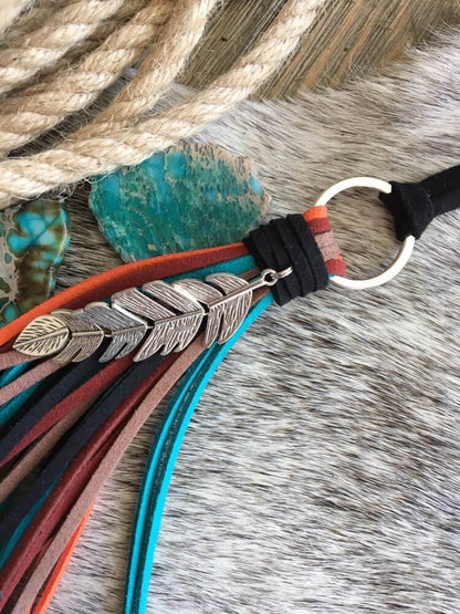 Southwestern Boho Tassel Bag Charm in Deep Turquoise, Orange, Red, Brown and Black + Feather Charm