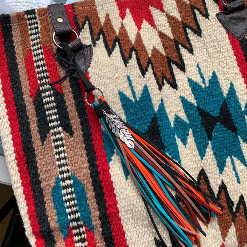 Southwestern Boho Tassel Bag Charm in Deep Turquoise, Orange, Red, Brown and Black + Feather Charm