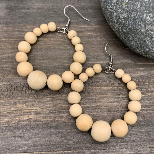 cream wood bead hoop earrings