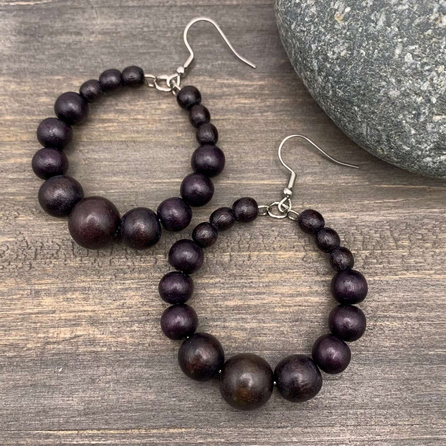 dark brown wood bead hoop earrings