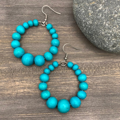 bright turquoise blue wood bead hoop earrings
