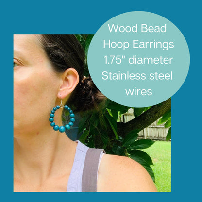 Graduated Wood Bead Hoop Earrings - Turquoise Blue