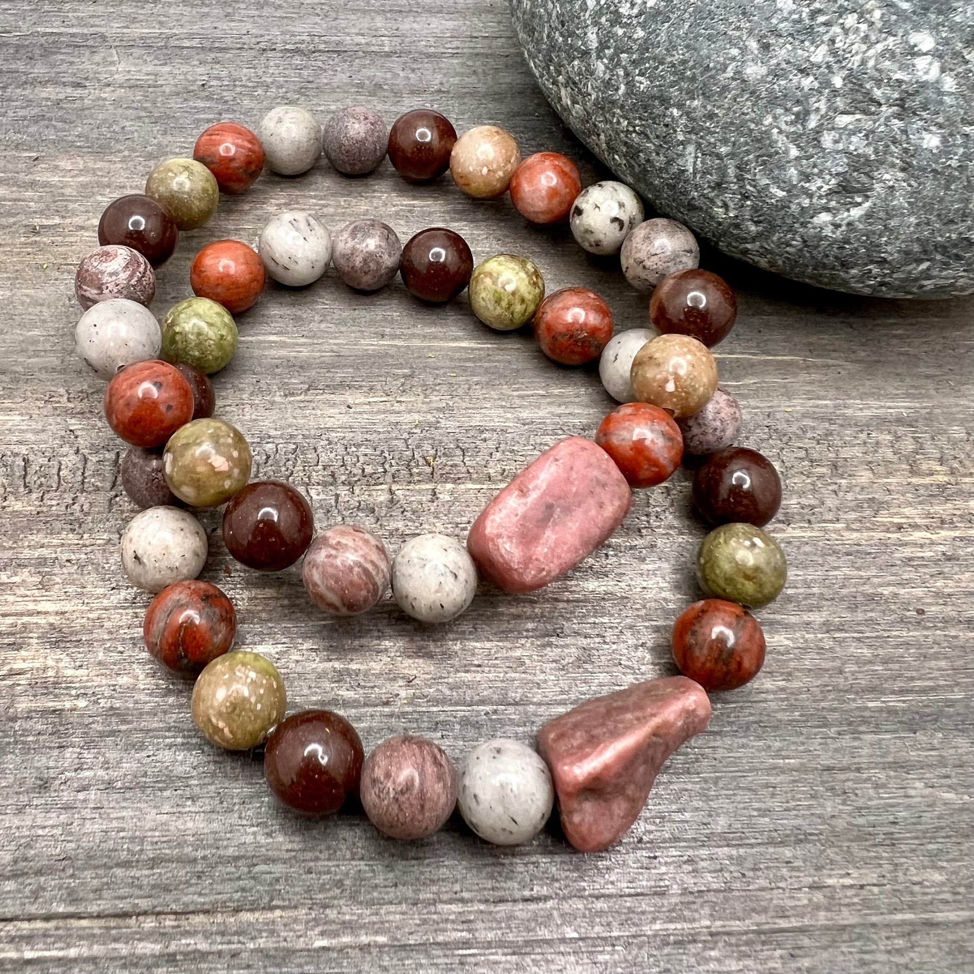 Boho Bracelet - Rhodonite Nugget with Assorted Stones