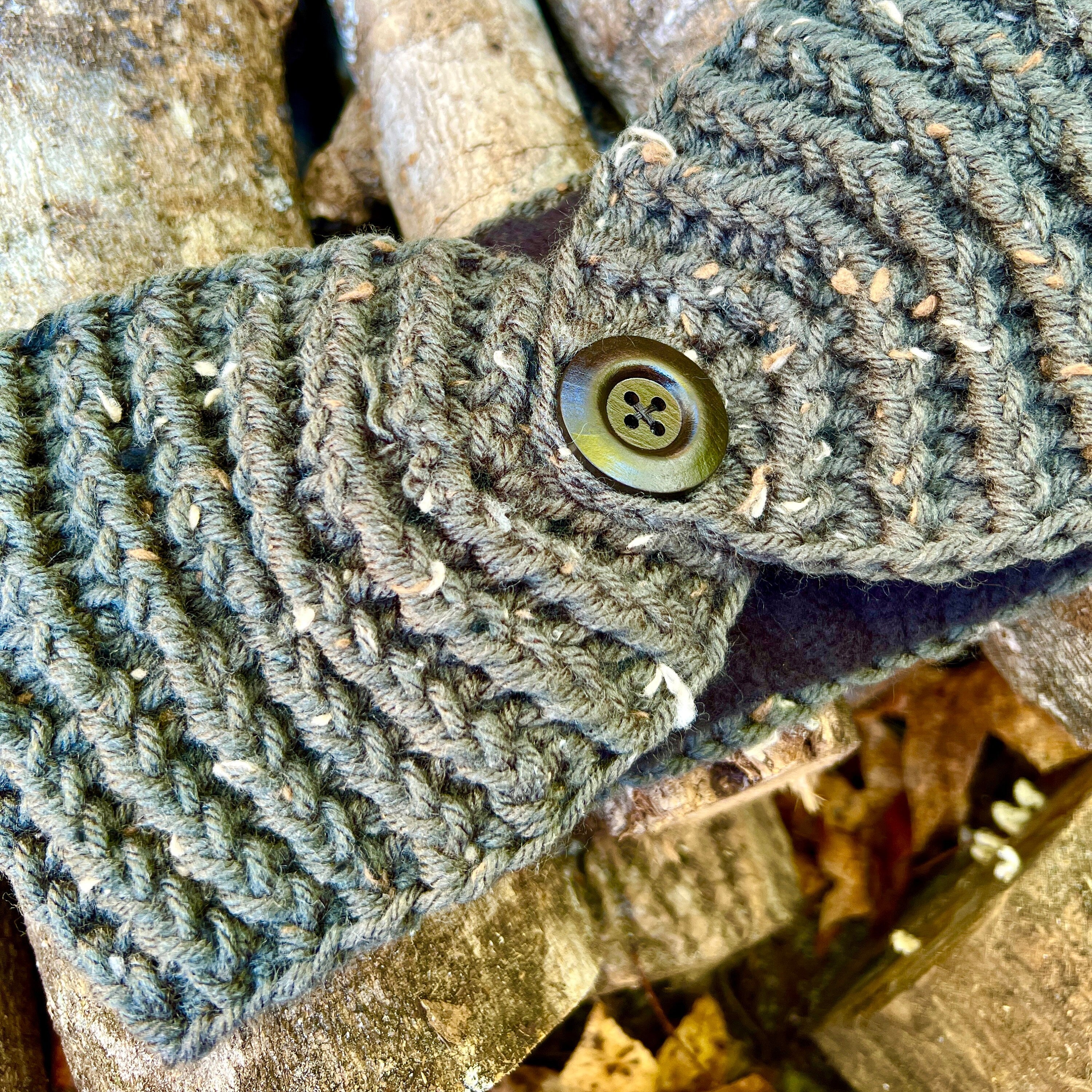 Winter Headband Messy Bun Crochet Ear Warmer Dark Green Tweed with Fleece Lining - Women's Boho Winter Fashion Gift for Her