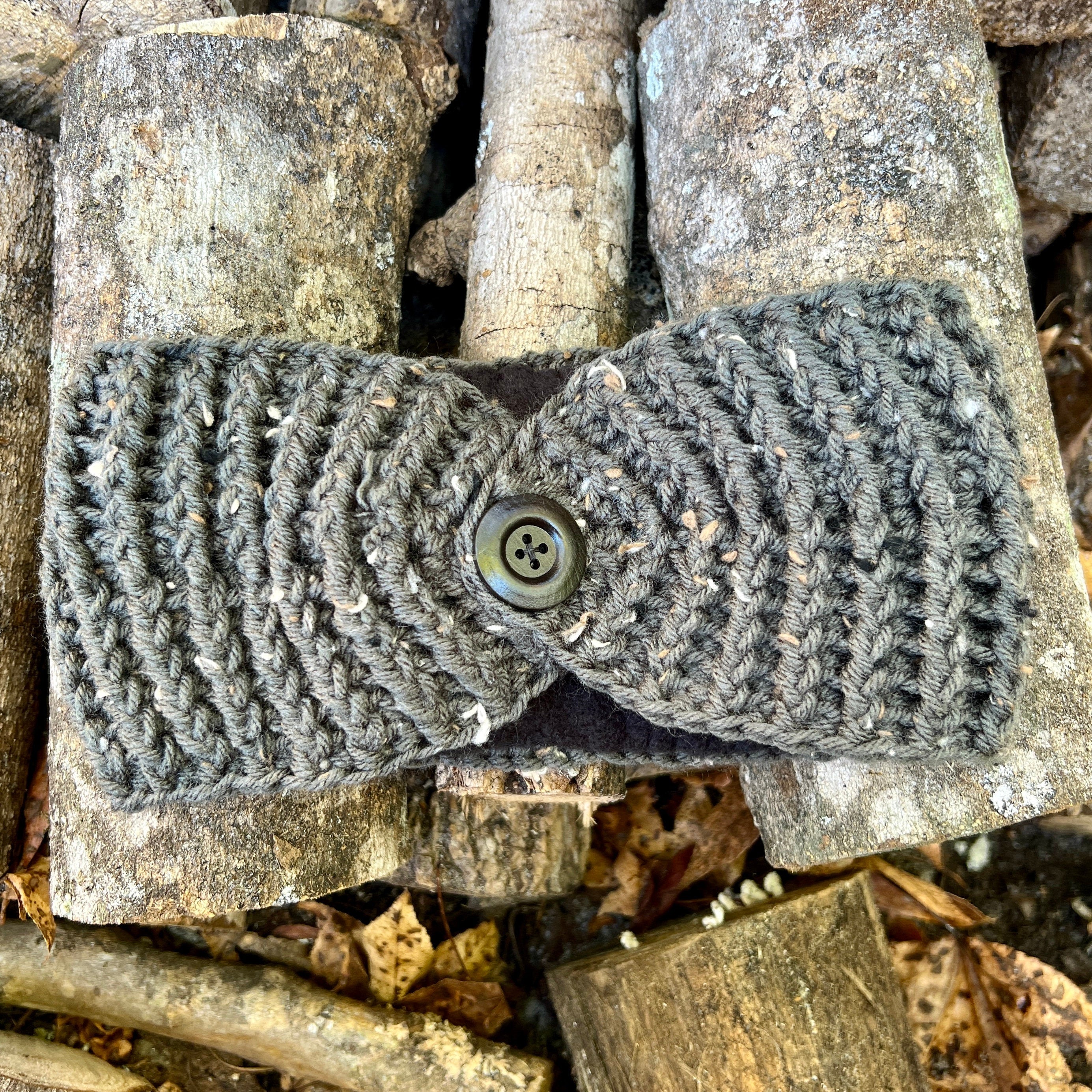 Winter Headband Messy Bun Crochet Ear Warmer Dark Green Tweed with Fleece Lining - Women's Boho Winter Fashion Gift for Her