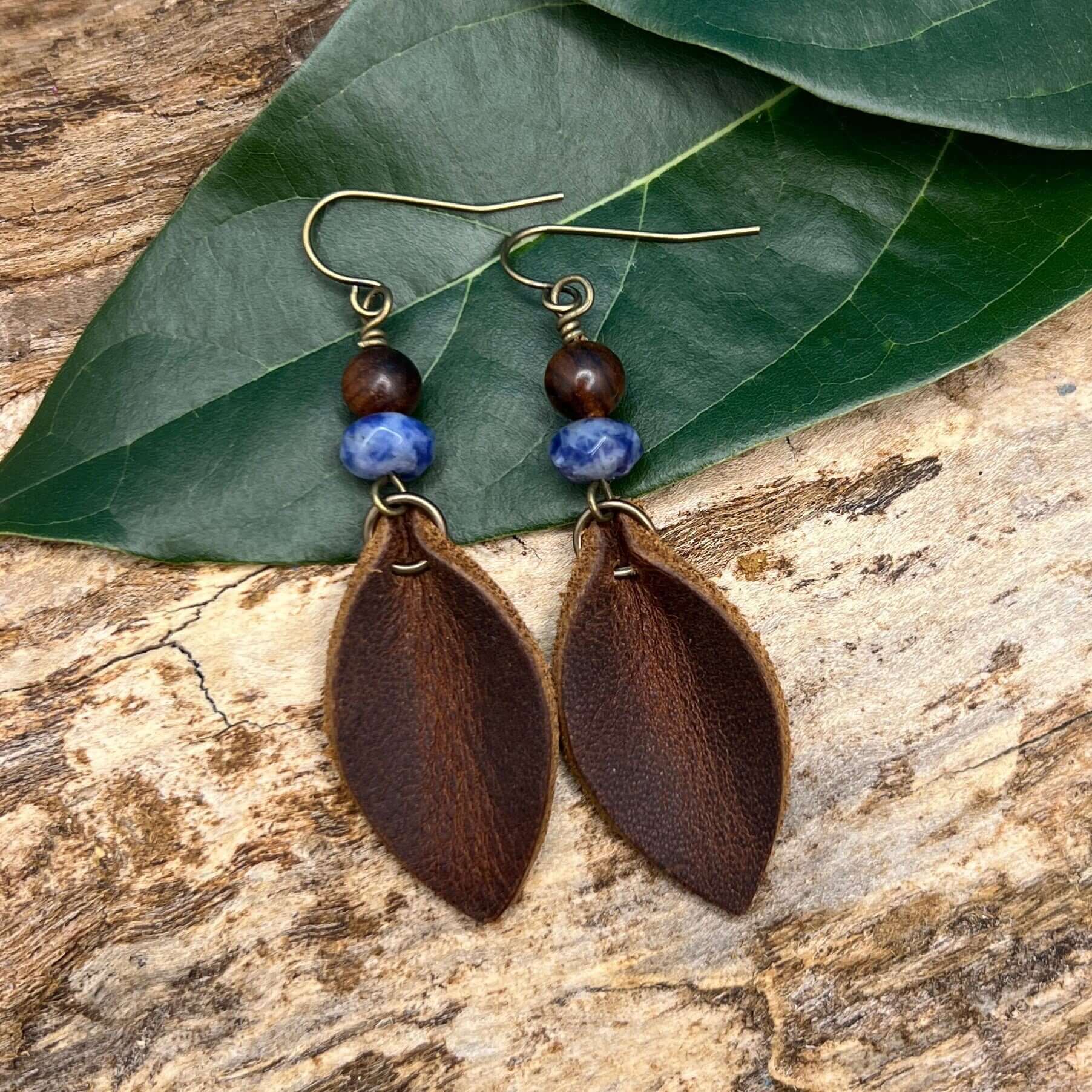 Western Style Earrings - Brown Leather Petal and Blue Spot Jasper