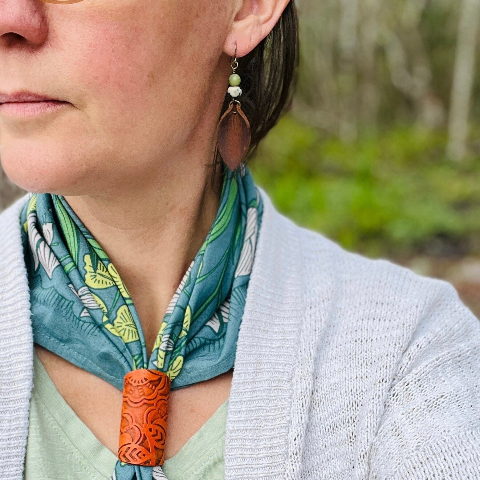 Leather Petal and Natural Stone Dangle Earrings - Spring Colors