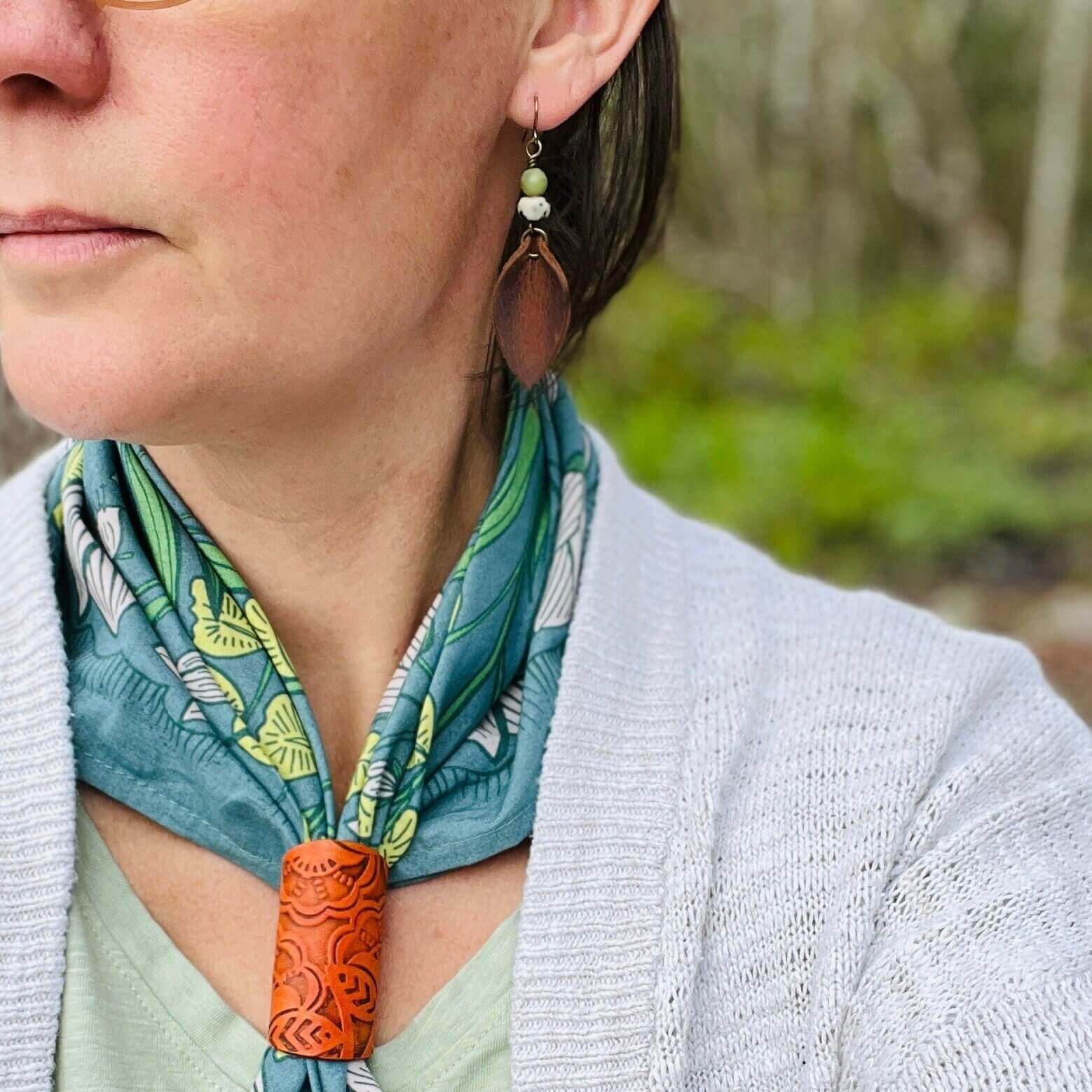 Western Style Earrings - Brown Leather Petal and Blue Spot Jasper