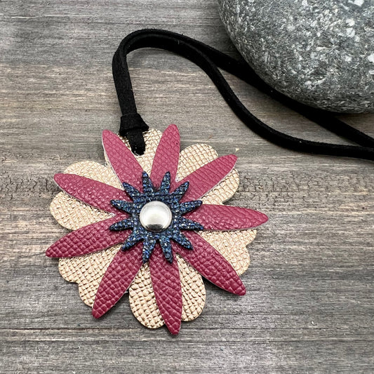 Small Leather Flower Purse Charm -  Pink, Rose Gold and Blue