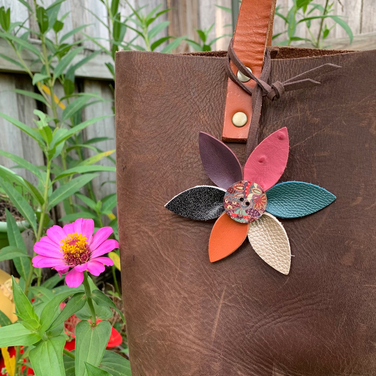 flower bag charm on tote bag