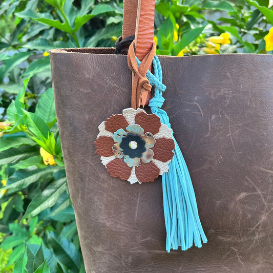 leather flower and tassel charm for tote or purse