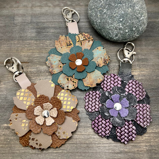leather flower keychain and bag charm