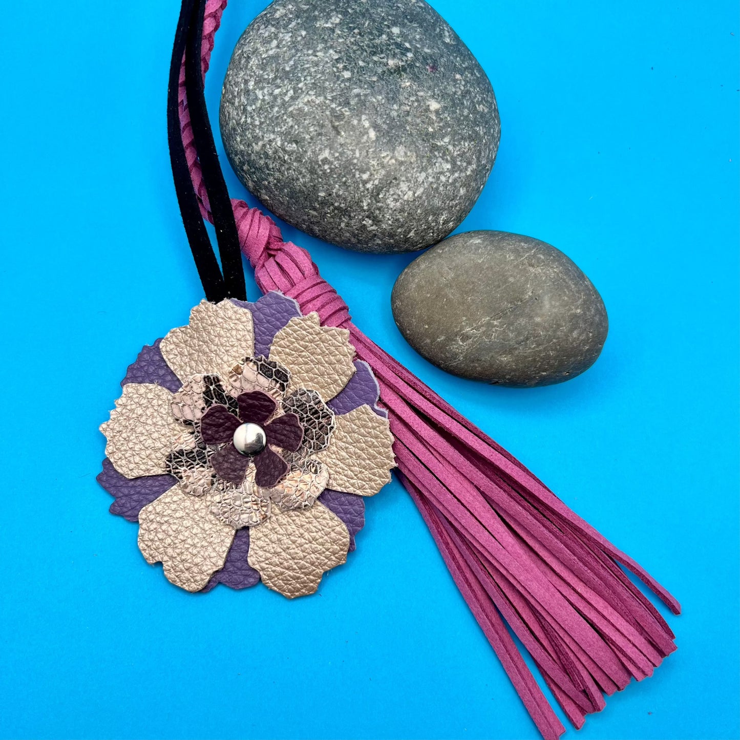 purple and dusty violet leather flower and tassel bag charm